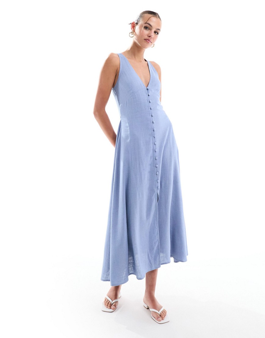 Asos Design Button Down Linen Look Midi Dress With Full Skirt In Icy Blue