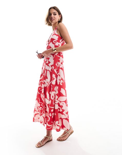 ASOS DESIGN button down linen midi dress with full skirt abstract print - view 1