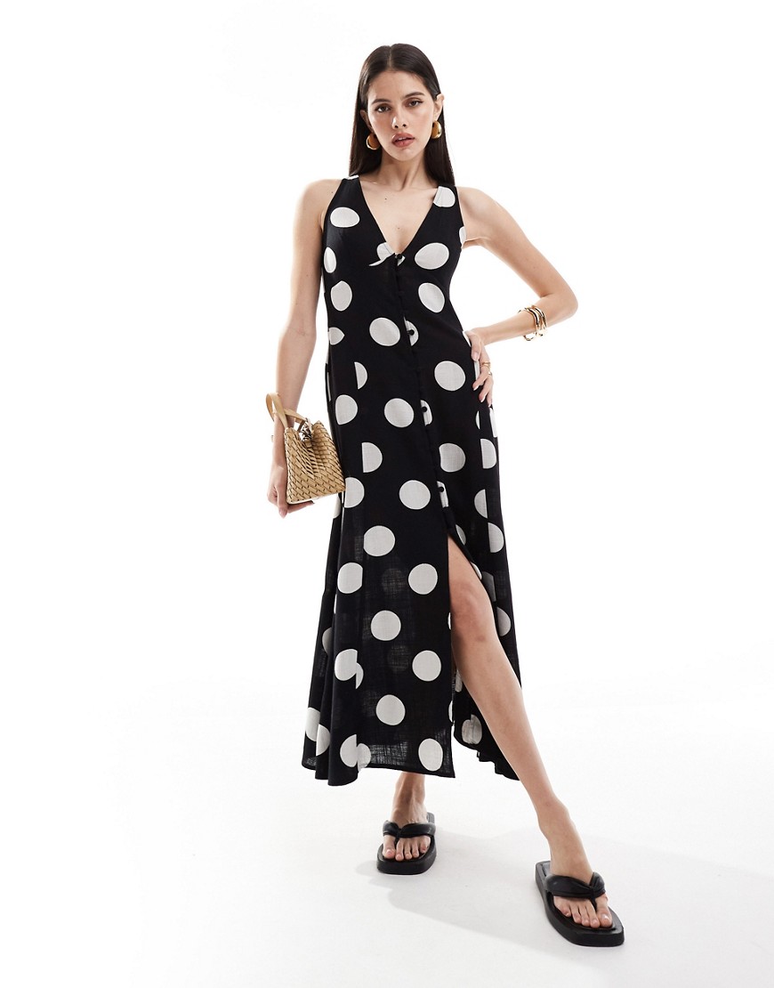 ASOS DESIGN button down linen midi dress with full skirt spot print-Multi