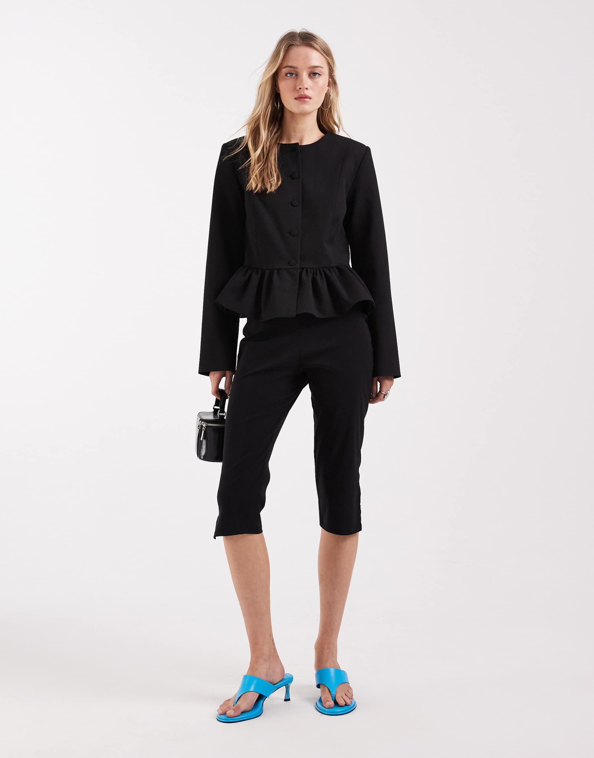 asos design button down peplum blazer in black