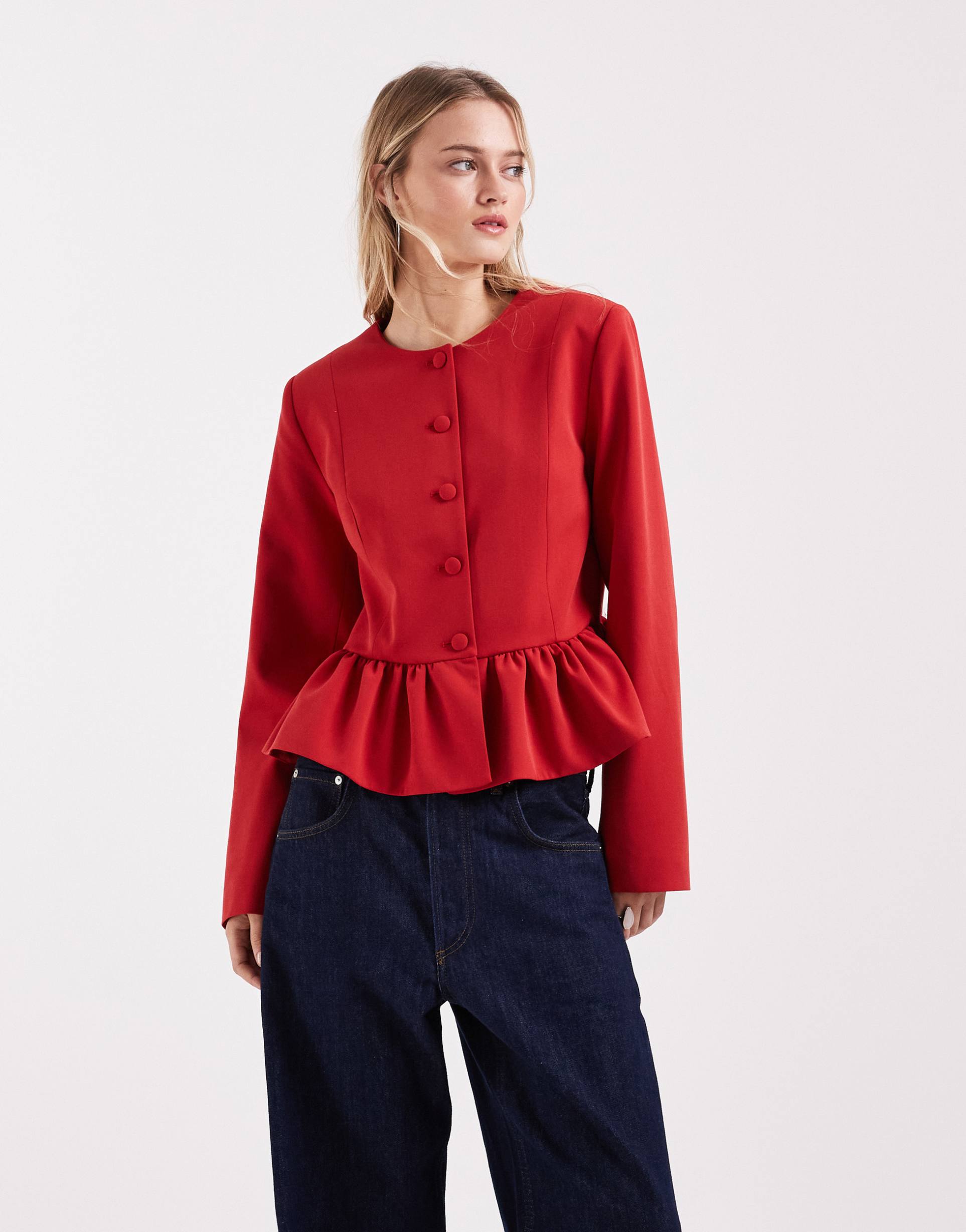 asos design button down peplum blazer in red