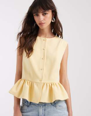 Asos Design Button Down Peplum Tailored Top In Yellow