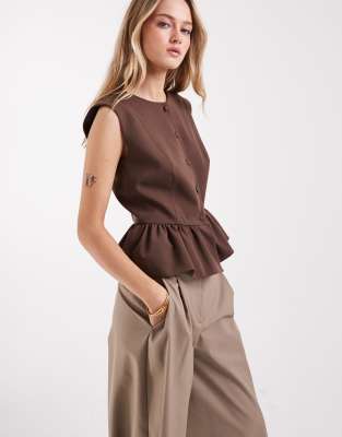 Asos Design Button Down Peplum Tailored Top In Neutral