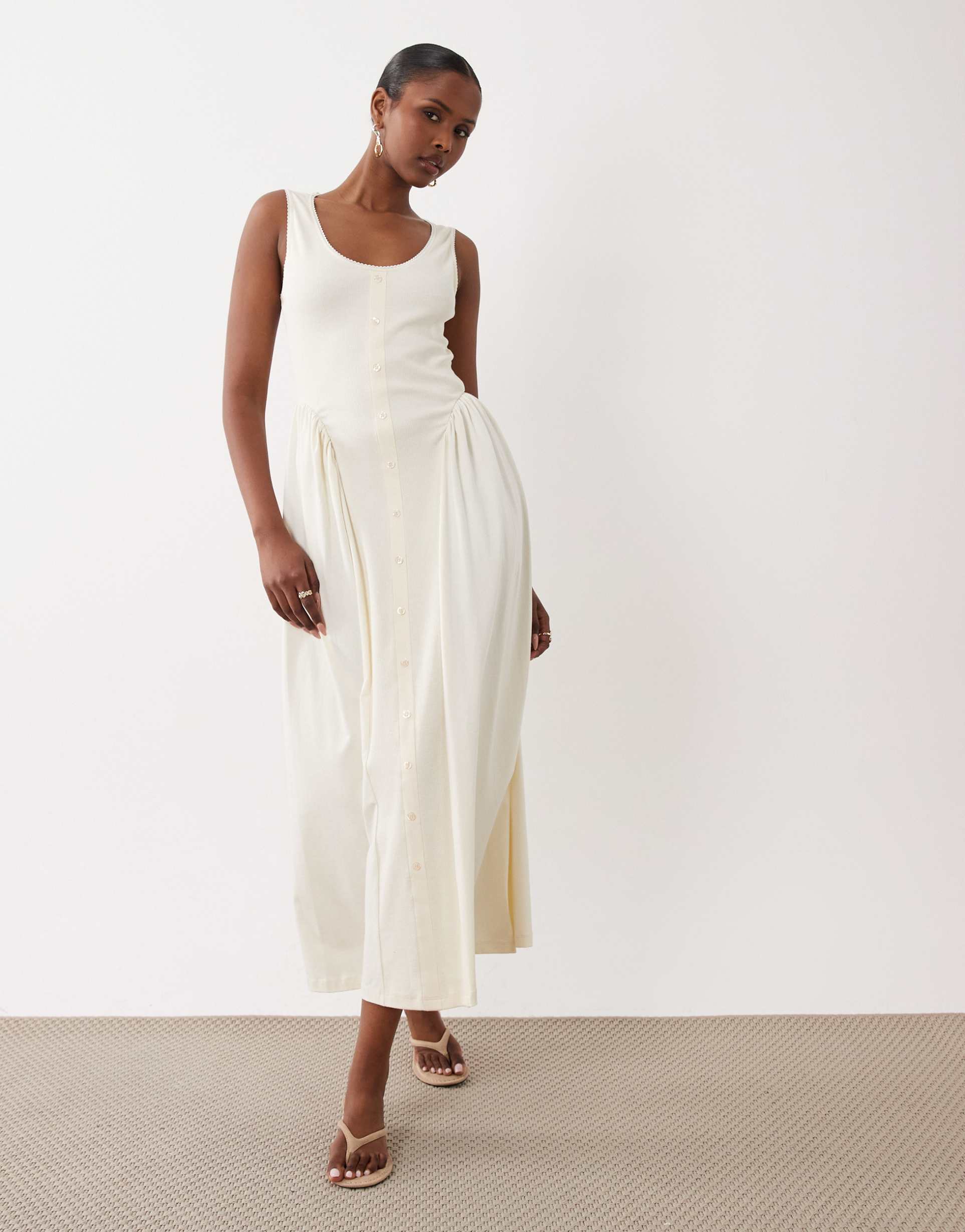 asos design button down picot trim midi dress in neutral