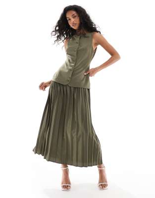 Asos Design Button Down Pleated Skirt Midi Dress In Khaki-green