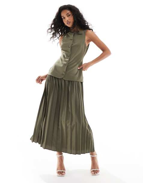 ASOS DESIGN button down pleated skirt midi dress in khaki - view 1