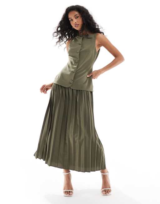 ASOS DESIGN button down pleated skirt midi dress in khaki ASOS