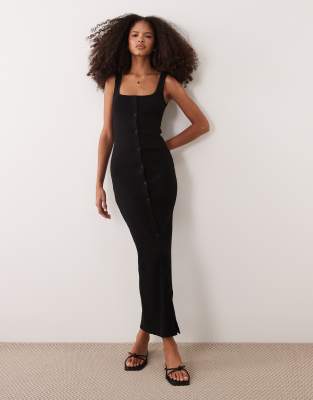 Asos Design Button Down Rib Knit Midi Dress With Picot Trim In Black