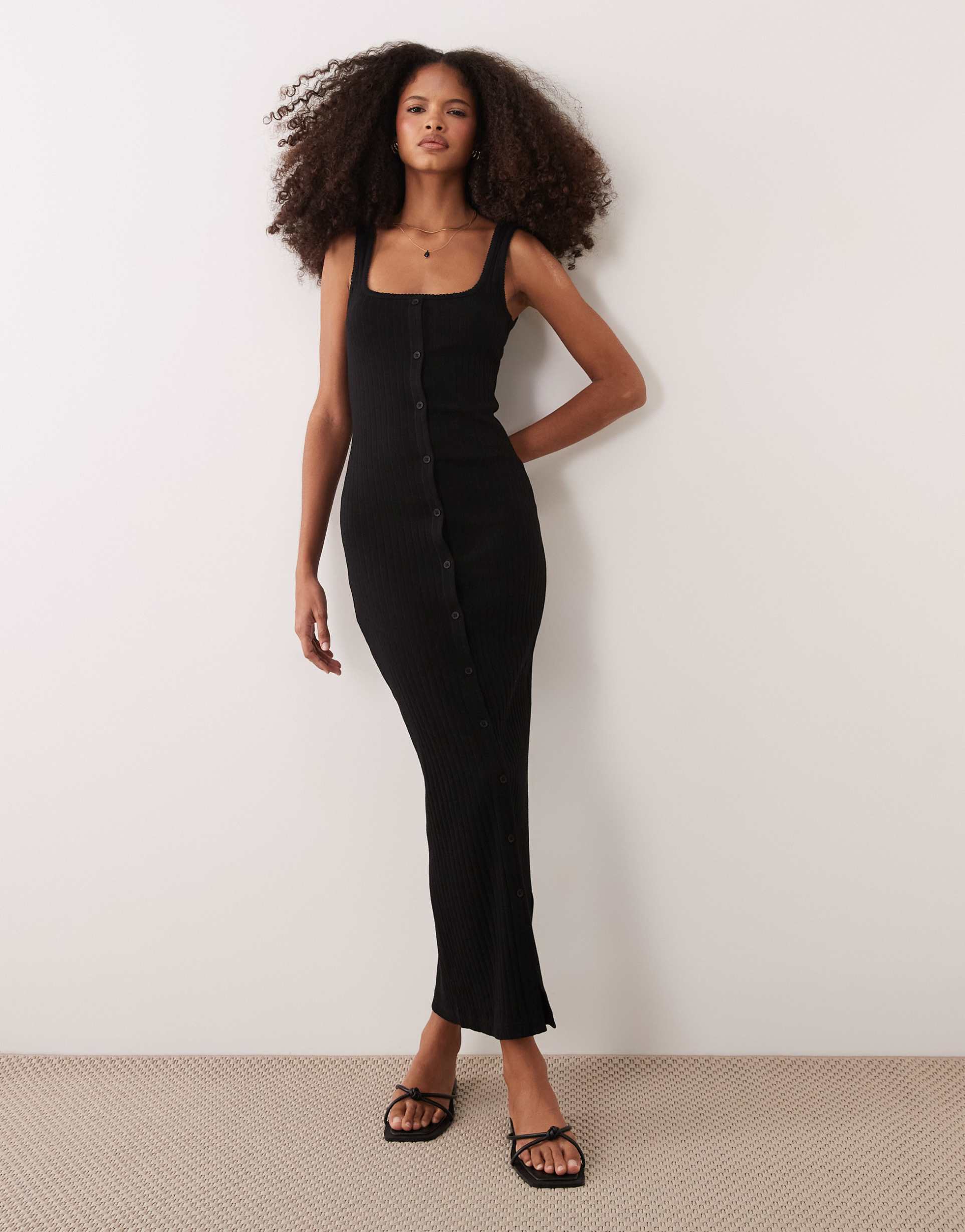 asos design button down rib knit midi dress with picot trim in black