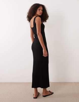 ASOS Design button down rib knit midi dress with picot trim in Black