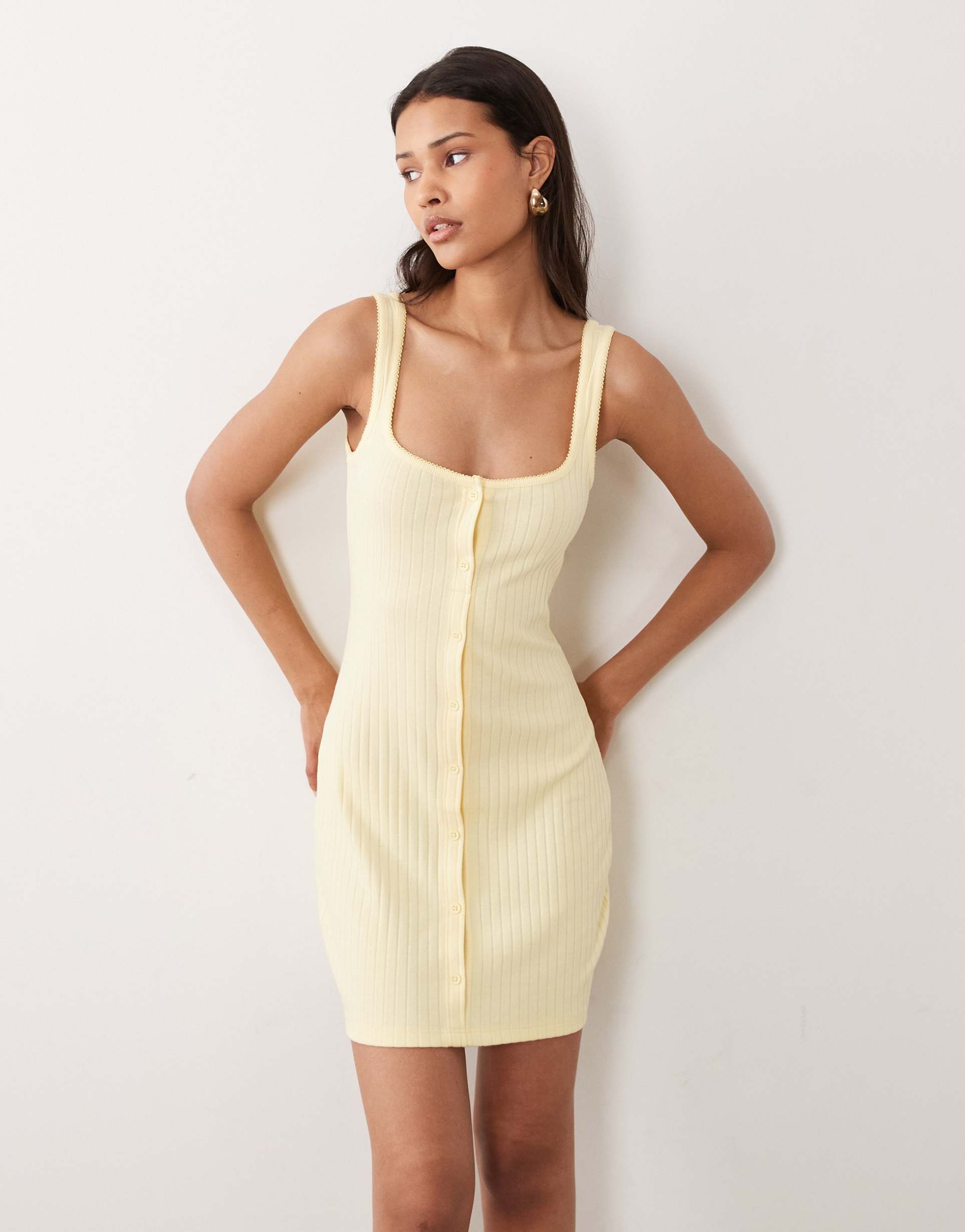 asos design button down rib with picot trim mini dress in buttermilk