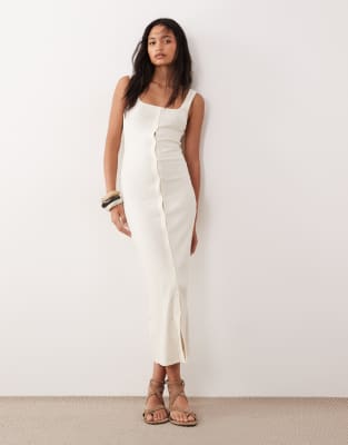 Asos Design Button Down Ribbed With Picot Trim Midi Dress In Neutral