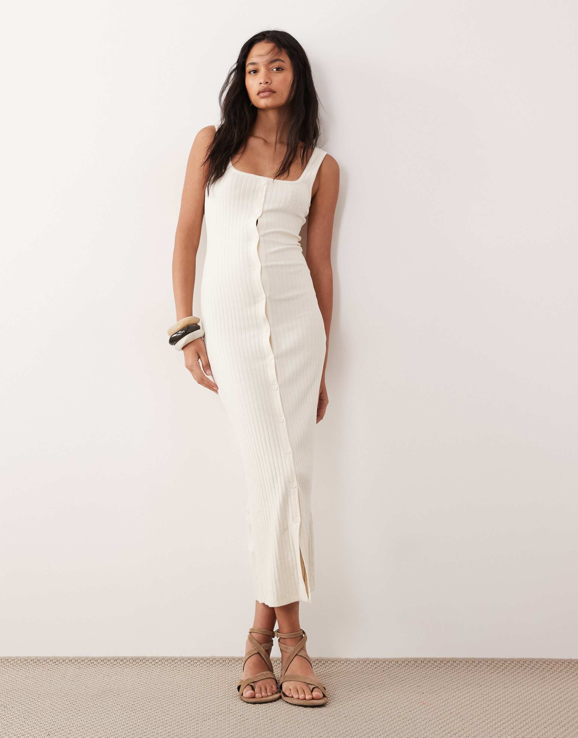 asos design button down ribbed with picot trim midi dress in cream