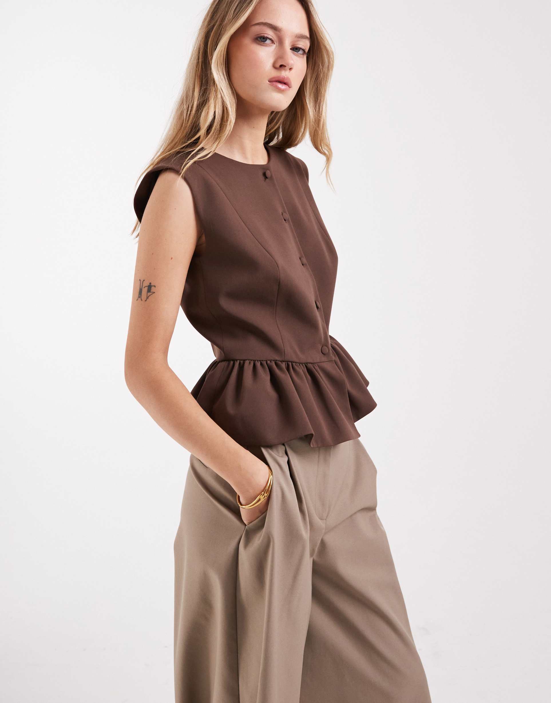 asos design button down tailored peplum top in mocha