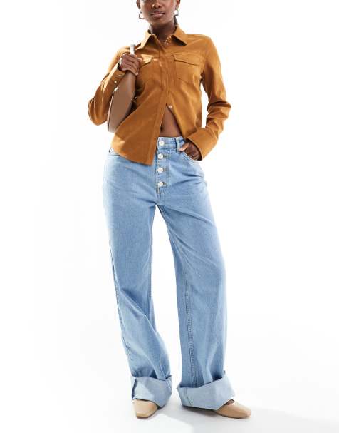 ASOS DESIGN button down turn up jeans in mid blue - view 1