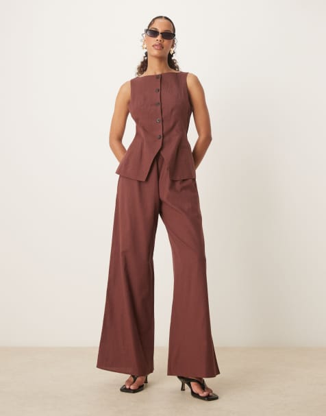 ASOS DESIGN button down vest jumpsuit in chocolate - view 1