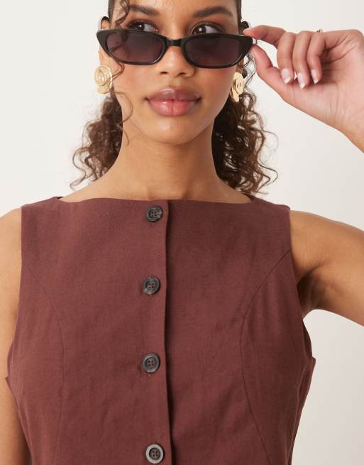 ASOS DESIGN button down vest jumpsuit in chocolate