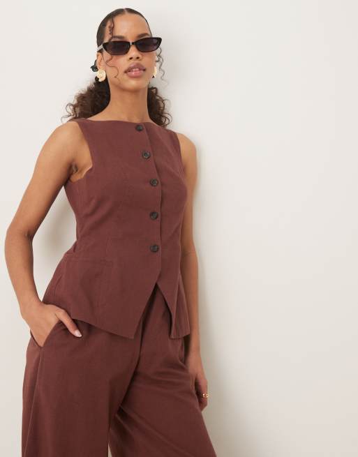 ASOS DESIGN button down vest jumpsuit in chocolate