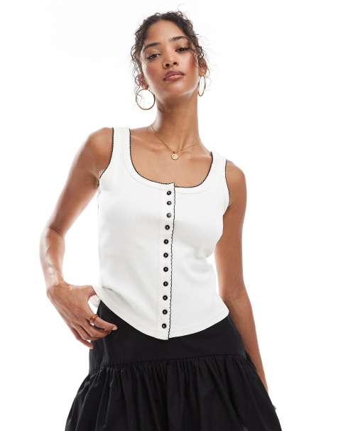 ASOS DESIGN button down vest with blanket stitch detail in cream - view 1