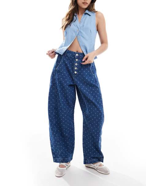 ASOS DESIGN button fly barrel jeans with polka dot print in mid blue - view 1