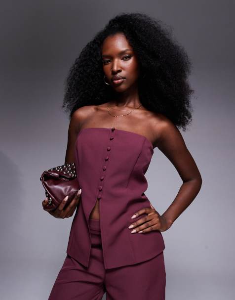 ASOS DESIGN button front bandeau co-ord top in grape - view 1
