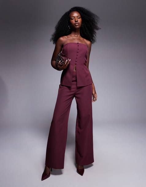 ASOS DESIGN button front bandeau co-ord top in grape - view 1