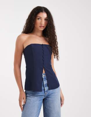 Asos Design Button Front Bandeau Top In Blue