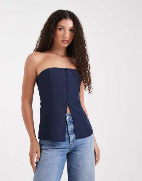 ASOS DESIGN button front bandeau top in navy - view 1