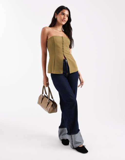 ASOS DESIGN button front bandeau top in olive, 2 of 4