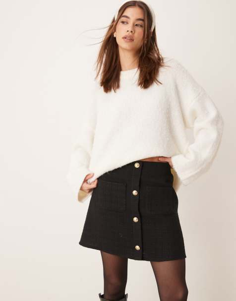 ASOS DESIGN button front boucle mini skirt in black - view 1