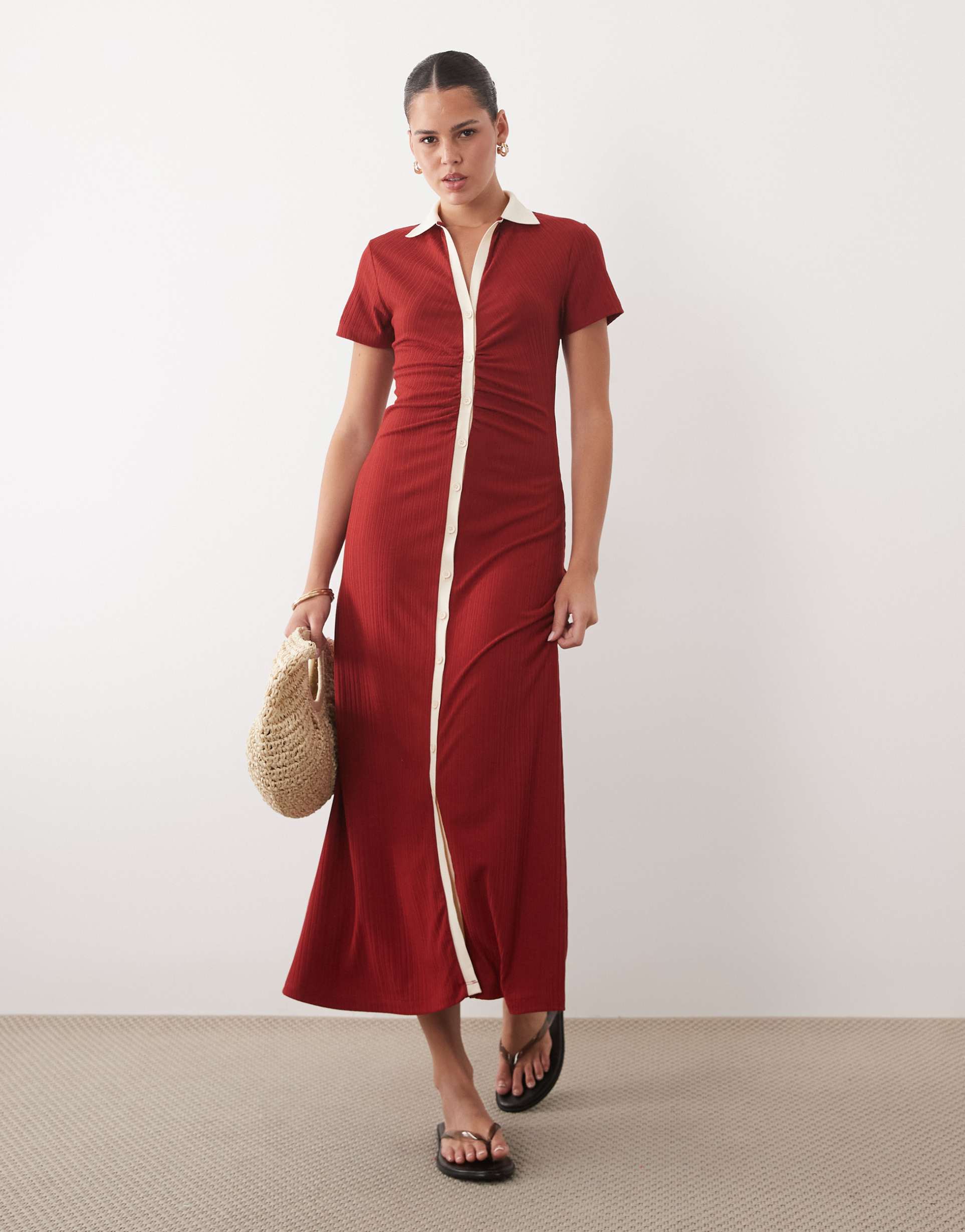 asos design button front cap sleeve midi dress with contrast tipping in burnt red
