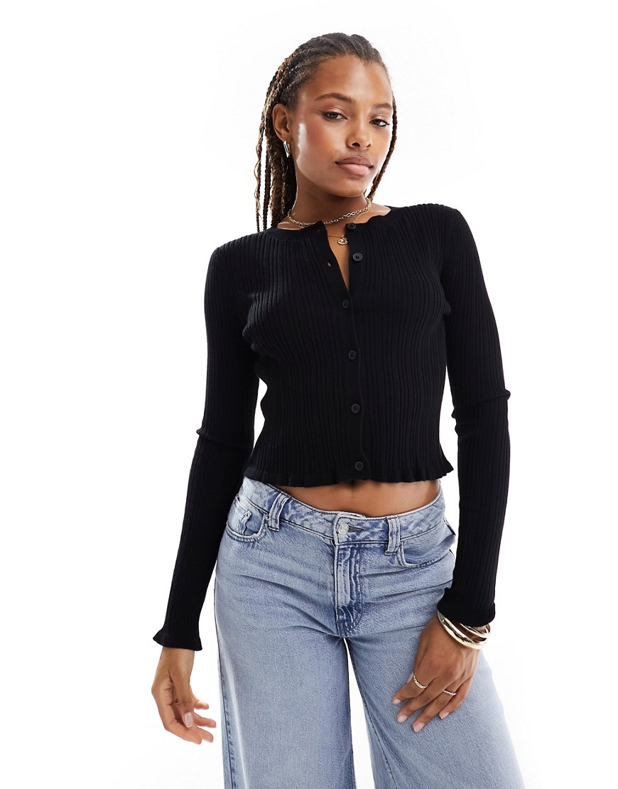 ASOS DESIGN button front cardigan with frill co-ord in black