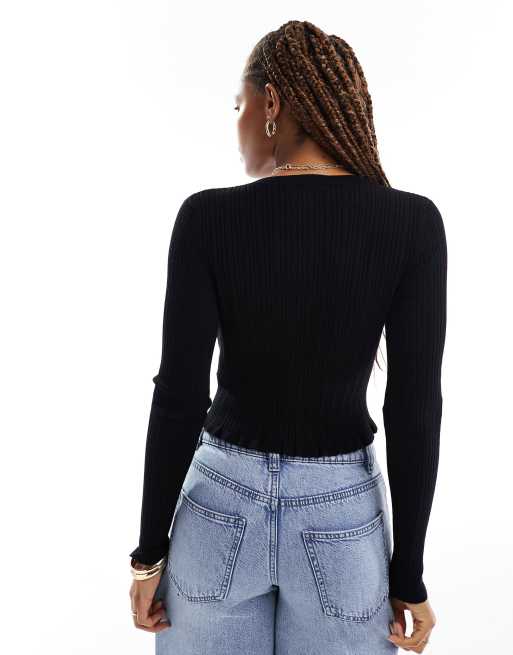 ASOS DESIGN button front cardigan with frill co-ord in black, 2 of 4