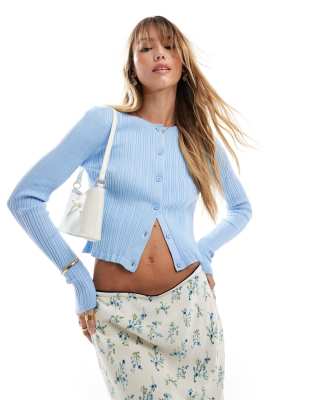 Asos Design Button Front Cardigan With Frill In Baby Blue