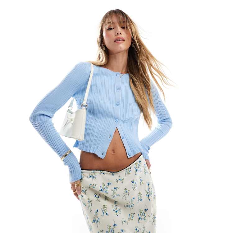 ASOS DESIGN button front cardigan with frill in baby blue ASOS