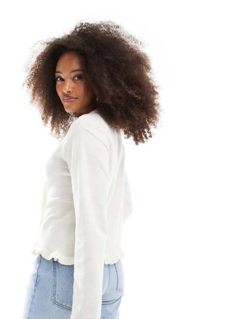 ASOS DESIGN button front cardigan with frill in ecru