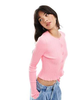Asos Design Button Front Cardigan With Frill In Pink