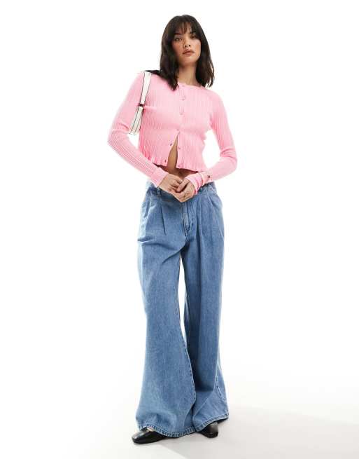 ASOS DESIGN button front cardigan with frill in pink, 3 of 4