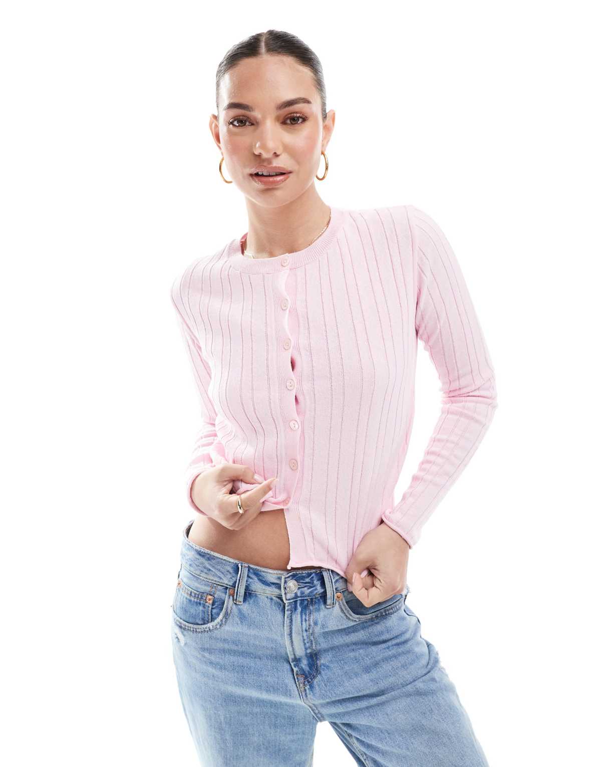 ASOS DESIGN button front cardigan with pearlised buttons in pink