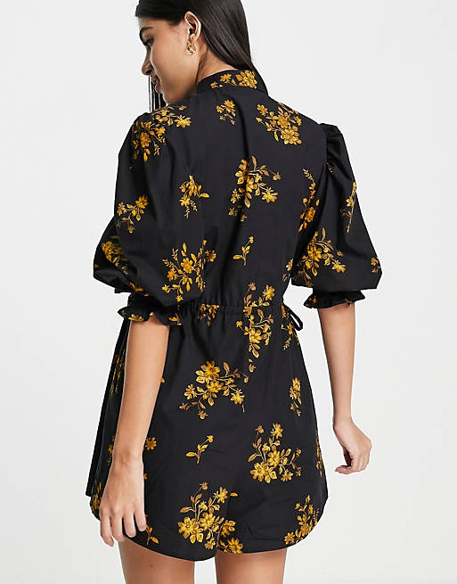  button front channel smock playsuit in mustard floral 