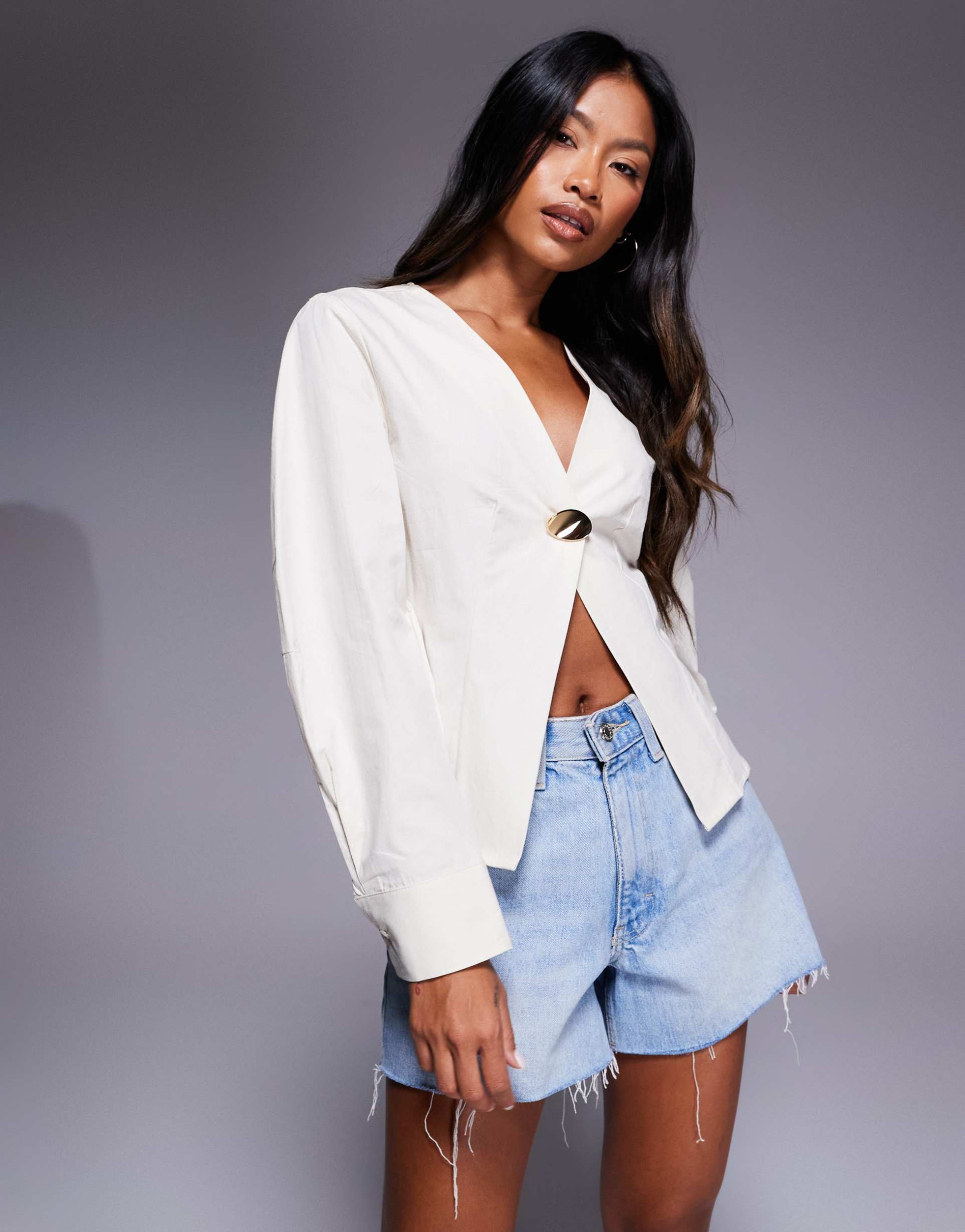 asos design button front cocoon sleeve top in buttermilk