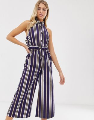 ASOS DESIGN button front collar culotte jumpsuit in stripe print | ASOS