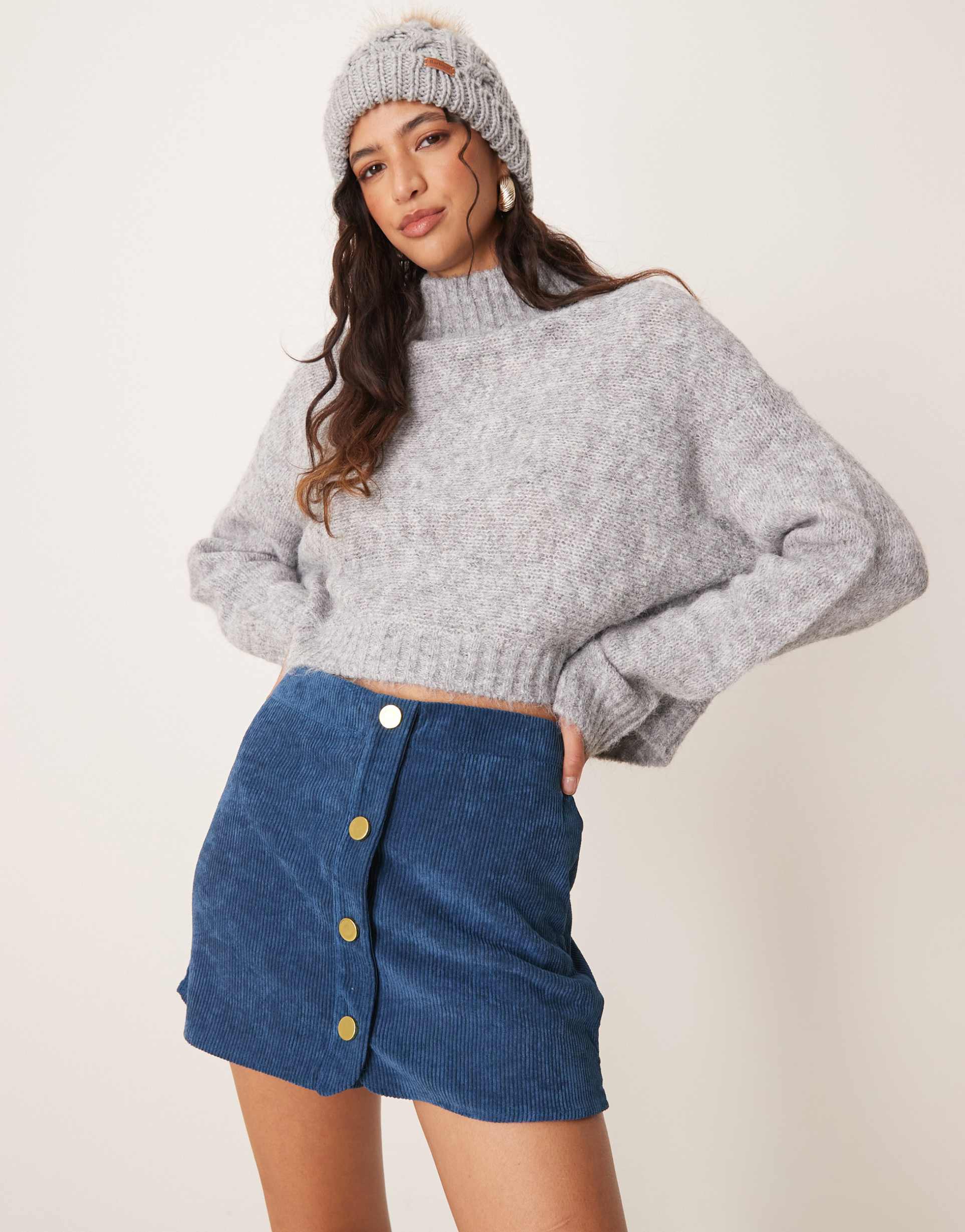 asos design button front cord skort in navy