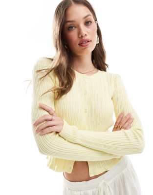 Asos Design Button Front Crew Neck Cardigan With Ruffle In Yellow