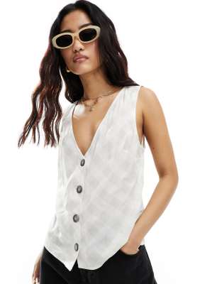 Asos Design Button Front Crinkle Vest In Gingham Print-multi