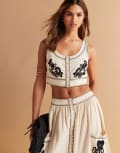 [ASOS DESIGN] ASOS DESIGN button front embroidered top (part of a set)-Neutral 18 natural