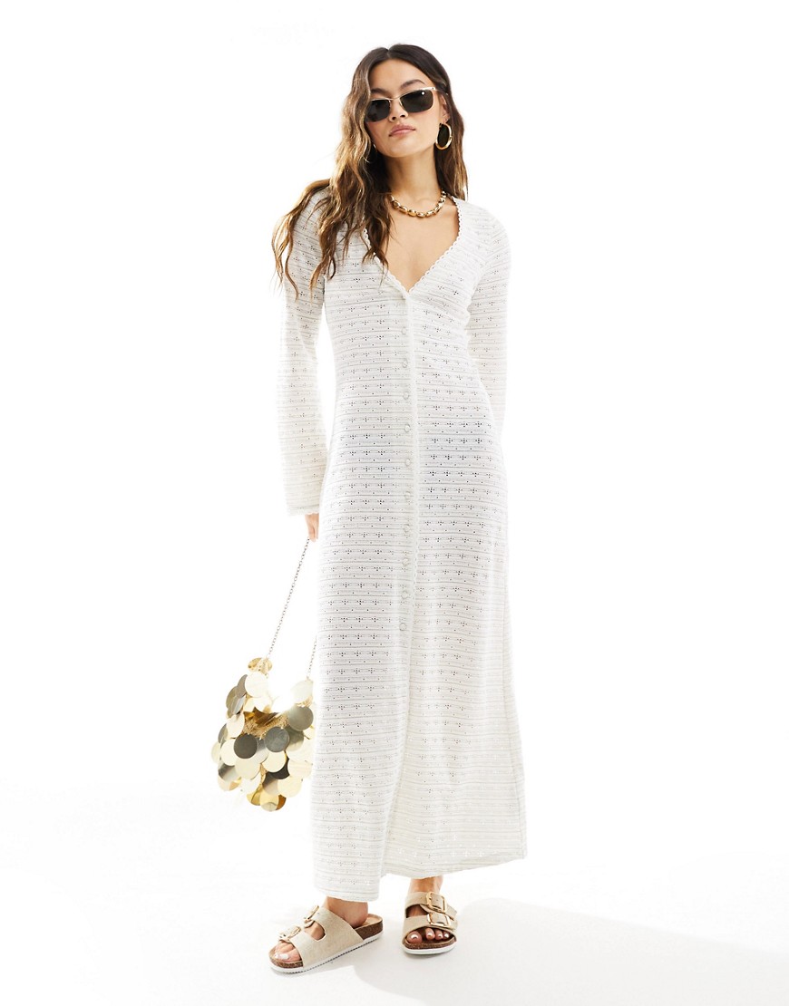 Asos Design Button Front Flared Long Sleeve Maxi Dress In Cream-white