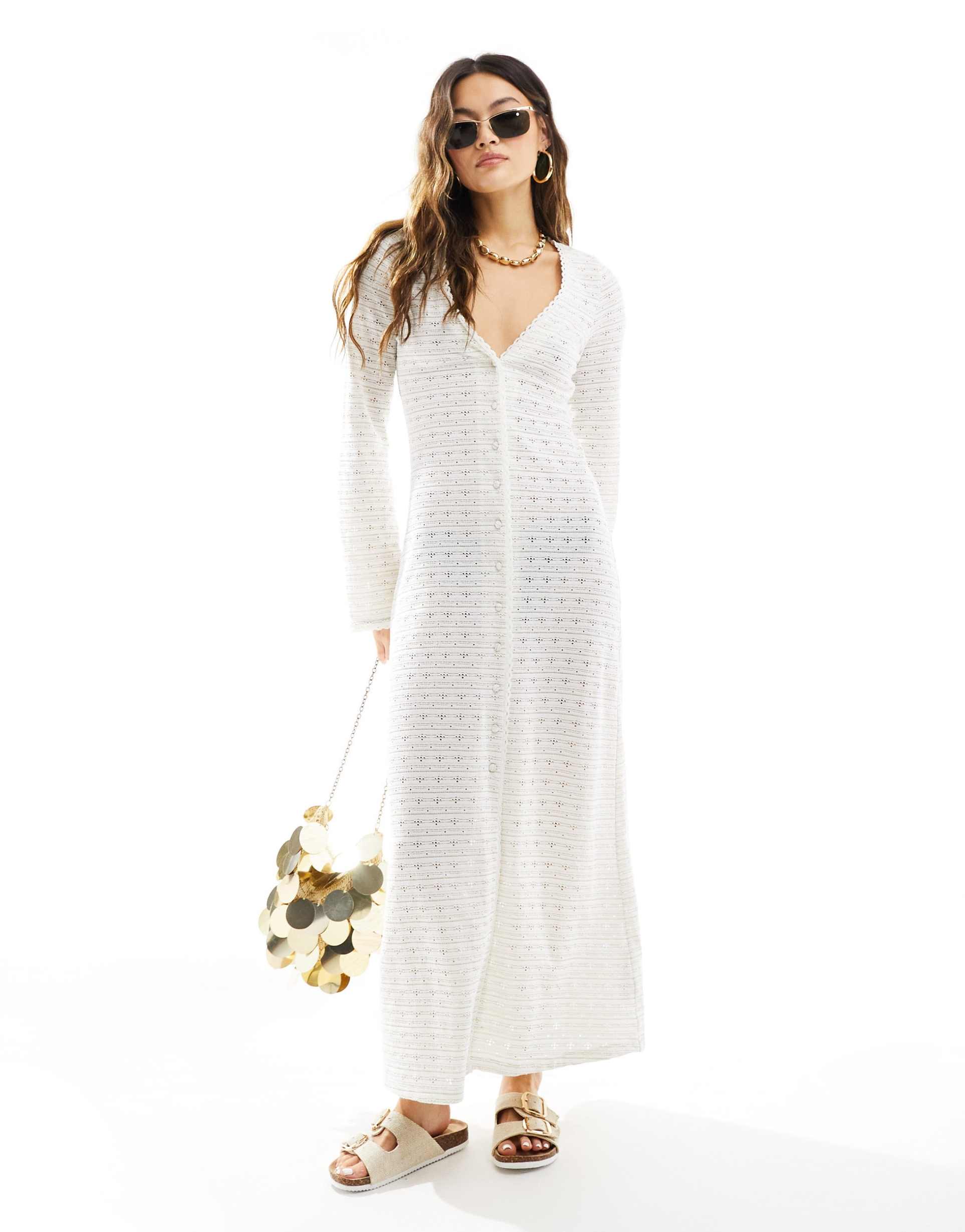 asos design button front flared long sleeve maxi dress in cream