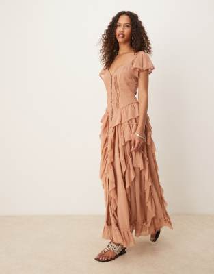 button front frilly maxi dress in sand-Neutral