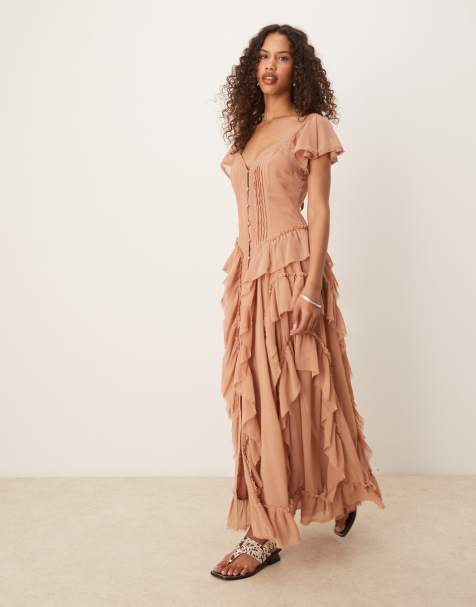 ASOS DESIGN button front frilly maxi dress in sand - view 1